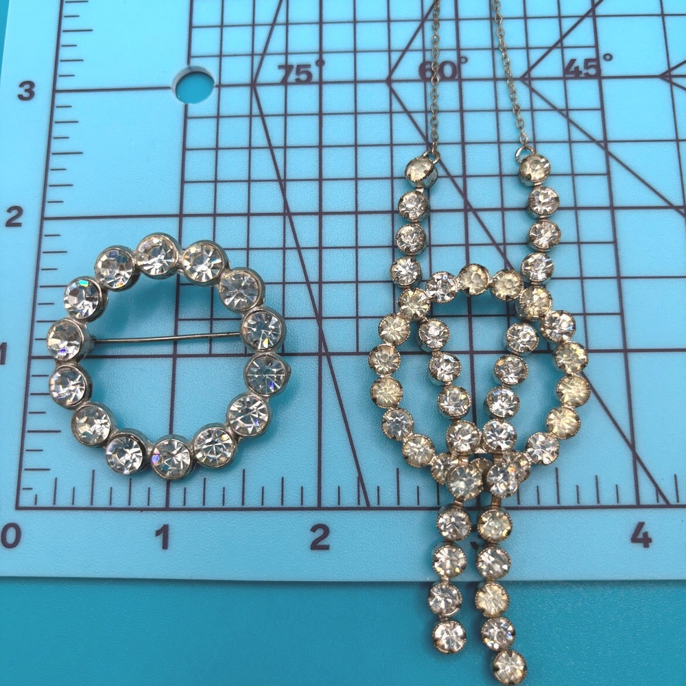 Vintage Rhinestone Circle Brooch Necklace Jewelry Set - Picture 5 of 8